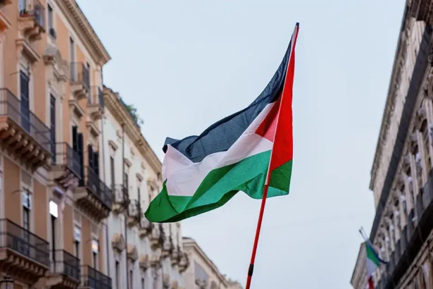 palestinian flag waving in the city symbol of fr 2025 03 09 07 58 36 utc