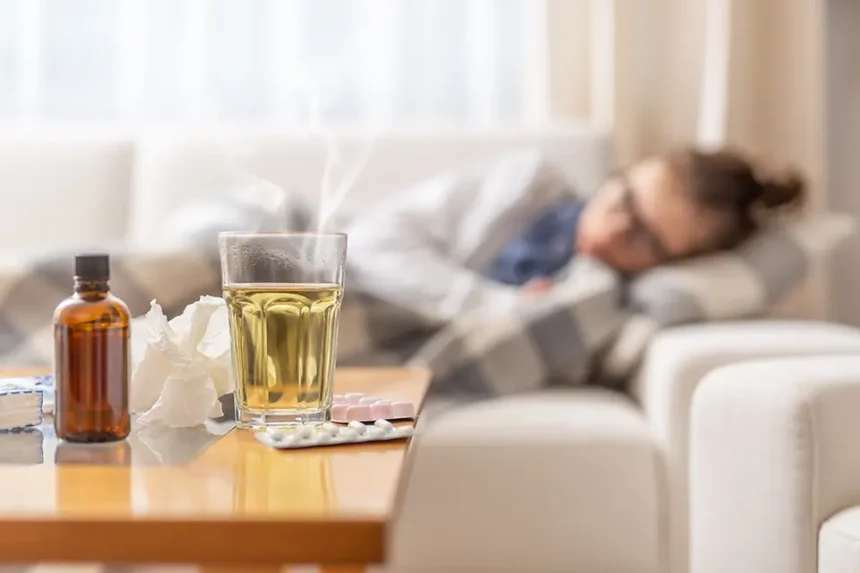 young ill woman lying blanket bed with seasonal illnes drinking hot tea with honey lemon she takes pills cough sirup push disease